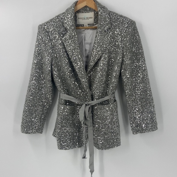 Boston Proper grey silver sequin jacket with ribbon belt - Picture 7 of 14